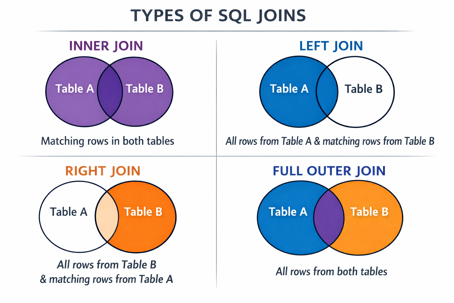 An image of the different sql joins and their outcomes.